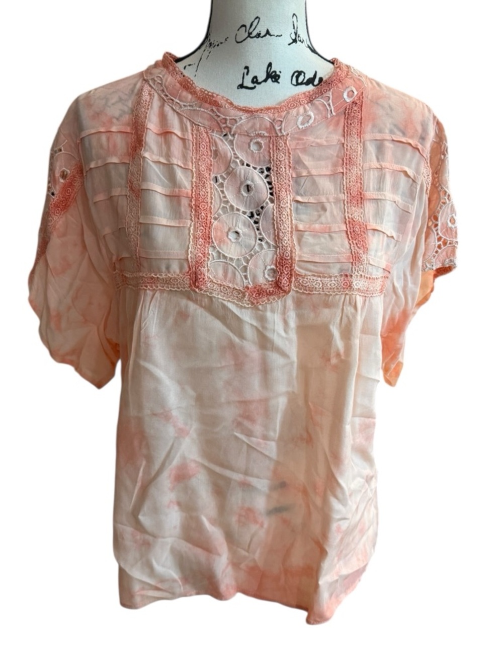 Hazel Women’s Tie Dye Lace Yoke Boho Blouse Coral Size Large